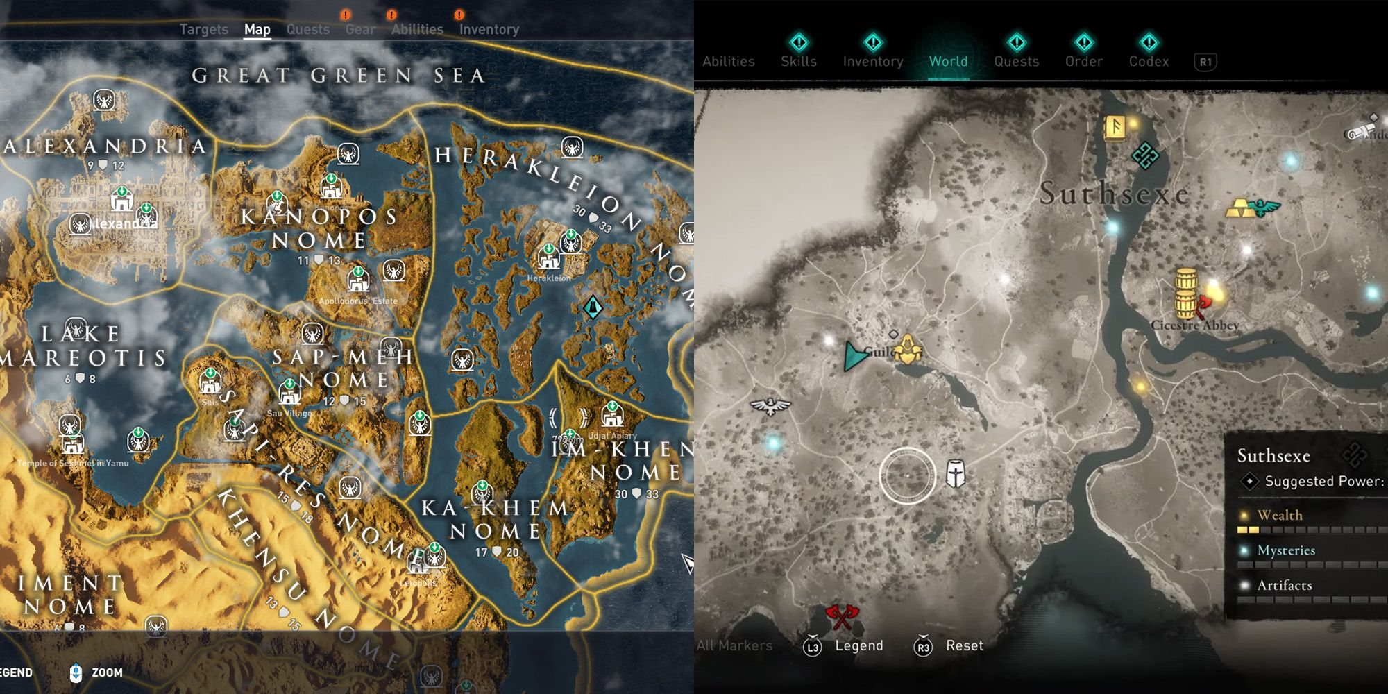 A split image with Assassin's Creed Origins' world map on the left, and Valhalla's on the right.